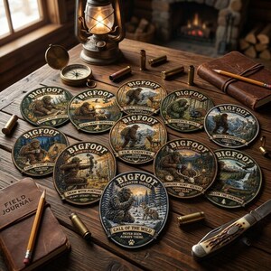 May include: A collection of circular embroidered patches featuring Bigfoot in various outdoor hunting and wilderness scenes. Each patch includes text such as Bigfoot, Elk Country, and Predator Hunter, alongside detailed illustrations of wildlife, forests, and mountains.
