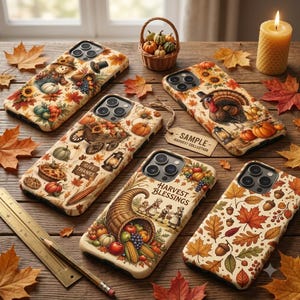 May include: Five smartphone cases featuring autumn-themed illustrations including pumpkins, turkeys, cornucopias, and fall foliage. One case displays the text 'GIVE THANKS' and another 'HARVEST BLESSINGS'. A wooden ruler and pencil are visible on the left.