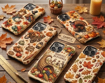 Könnte beinhalten: Fünf Smartphone-Hüllen mit herbstlichen Illustrationen, darunter Kürbisse, Truthähne, Füllhörner und Herbstlaub. Eine Hülle zeigt den Text 'GIVE THANKS' und eine andere 'HARVEST BLESSINGS'. Ein Holzlineal und ein Bleistift sind auf der linken Seite zu sehen.