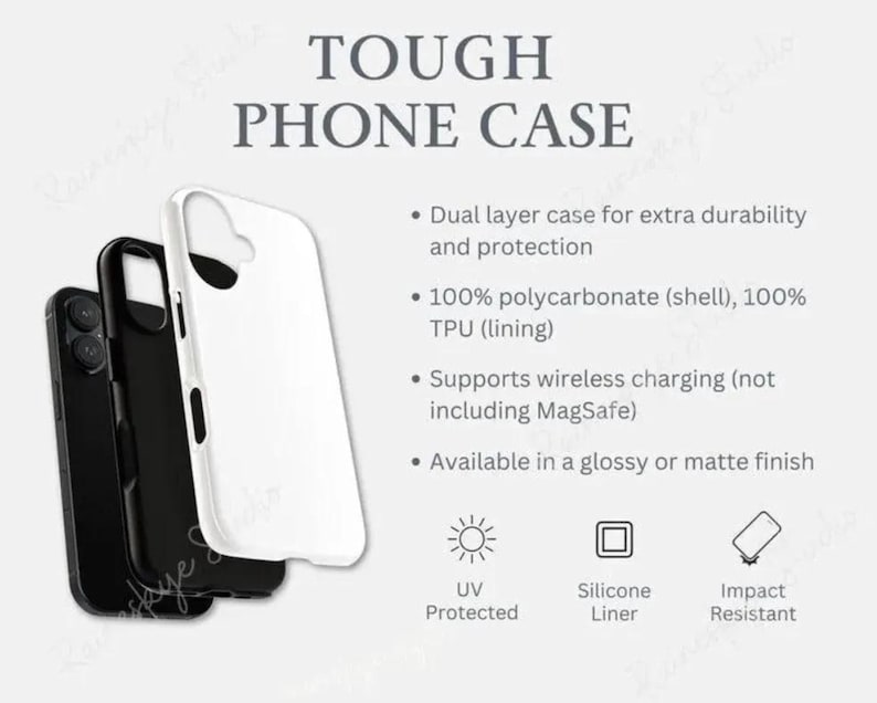 K&ouml;nnte beinhalten: Eine robuste Handyh&uuml;lle mit zweischichtigem Design, bestehend aus einer wei&szlig;en Au&szlig;enschale und einem schwarzen Innenfutter. Der Text nennt 100% Polycarbonat-Schale, 100% TPU-Futter, kabelloses Laden, UV-Schutz, Silikonfutter und Sto&szlig;festigkeit.