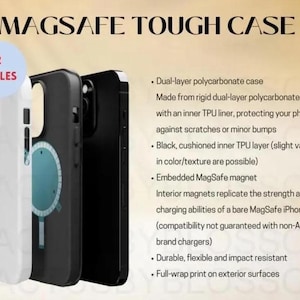 K&ouml;nnte beinhalten: Eine MagSafe Tough Case Smartphone-H&uuml;lle mit zweischichtigem Polycarbonat-Design und innerem TPU-Futter. Die H&uuml;lle enth&auml;lt einen eingebetteten MagSafe-Magneten f&uuml;r Ladekompatibilit&auml;t. Der Text lautet MagSafe Tough Case und 2 Styles.