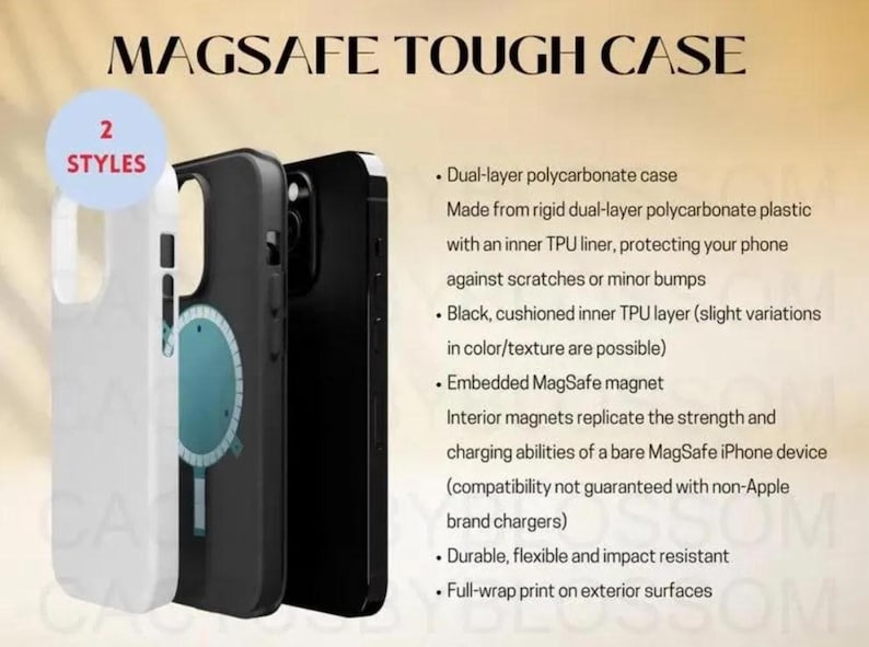 K&ouml;nnte beinhalten: Eine MagSafe Tough Case Smartphone-H&uuml;lle mit zweischichtigem Polycarbonat-Design und innerem TPU-Futter. Die H&uuml;lle enth&auml;lt einen eingebetteten MagSafe-Magneten f&uuml;r Ladekompatibilit&auml;t. Der Text lautet MagSafe Tough Case und 2 Styles.