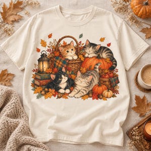 Camiseta de gato de otoño, camiseta de gatito otoñal adorable, camiseta acogedora para amantes de los gatos, camiseta de gato calabaza, camiseta gráfica vintage de otoño, regalo de gato estilo cottagecore