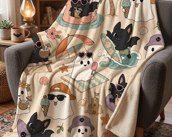 Cute Halloween Summer Blanket, Kawaii Ghost and Bat Beach Blanket, Spooky Summer Throw Blanket, Halloween Beach Decor, Cozy Gift for Kids