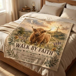 May include: A rectangular throw blanket featuring a Highland cow in a meadow with a cross and sunset. The text reads: WALK BY FAITH, Be Strong, Be Courageous, Trust His Plan, The Lord is my strength and my shield, Psalm 28:7. Floral borders frame the scene.