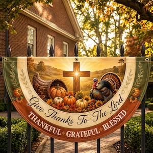May include: A semi-circular decorative banner featuring a cornucopia, pumpkins, a turkey, and a wooden cross against a sunset landscape. The text reads Give Thanks To The Lord, THANKFUL, GRATEFUL, BLESSED. The banner has green borders and metal grommets.