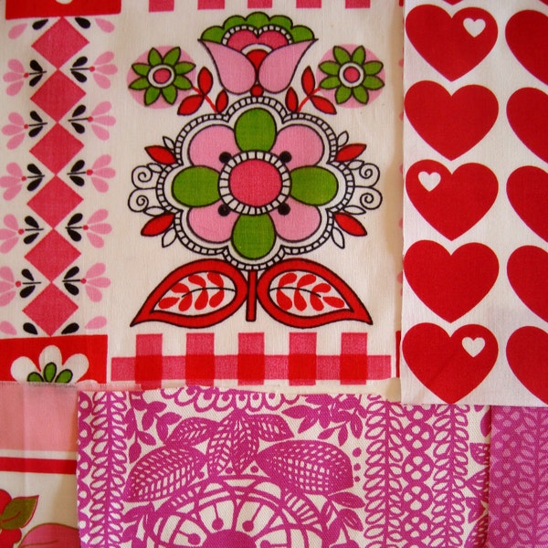 Vintage Retro Fabric Remnant Scraps for Cushions, Pillow or Patchwork - Pink and Red Hearts and Flowers