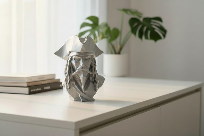 Low Poly Pirate Bust Sculpture, Geometric Caribbean Decor, Nautical Shelf Statue image 19