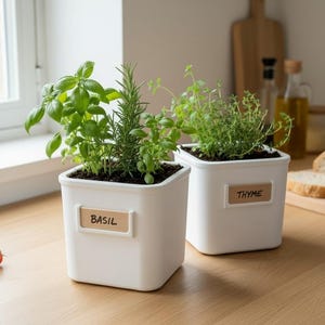 May include: Two square white plastic planters containing green herbs. One planter has a light wood-toned label with the text BASIL, and the other has a matching label with the text THYME. The pots are positioned on a wooden surface near a window.