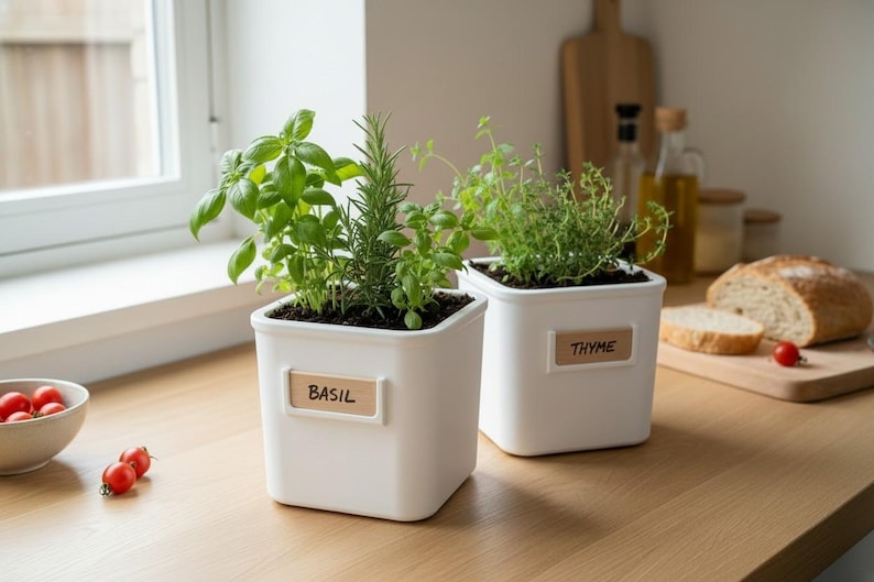 May include: Two square white plastic planters containing green herbs. One planter has a light wood-toned label with the text BASIL, and the other has a matching label with the text THYME. The pots are positioned on a wooden surface near a window.