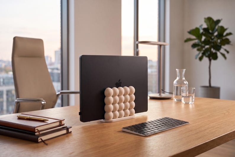 May include: A matte beige vertical laptop stand featuring a grid of rounded, bubble-like spheres on the front. The stand holds a black laptop upright, providing a stable base for the device on a wooden desk surface alongside a keyboard and notebooks.