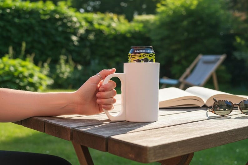 May include: A plain white cylindrical mug with a large, ergonomic handle designed to hold a standard beverage can. The mug is matte white and features a wide opening at the top, allowing a black and yellow can labeled Lando Norris to sit inside.