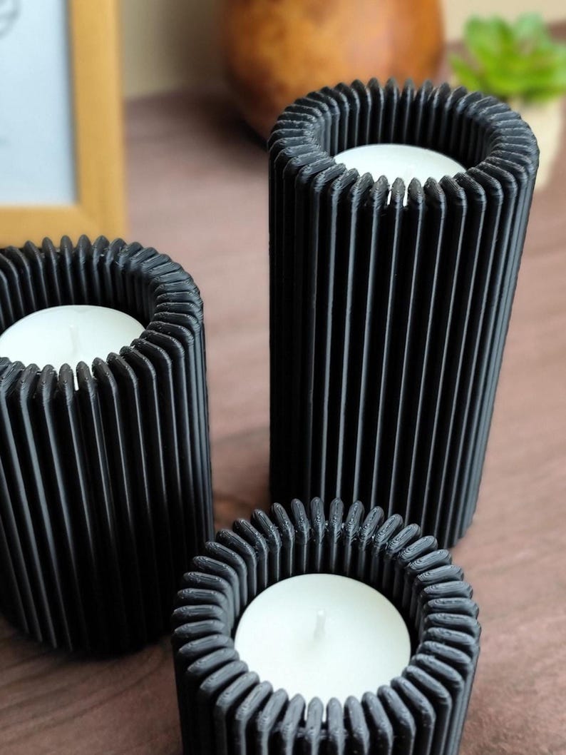 Ribbed LED Candle Holder Set: Flameless Table Decor — main view, 3D printed home decor made in Malta