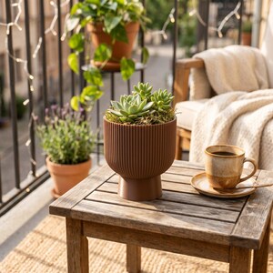 Sereno Ribbed Pedestal Planter, Modern Indoor Plant Pot with Drainage, Minimalist Home Decor image 1