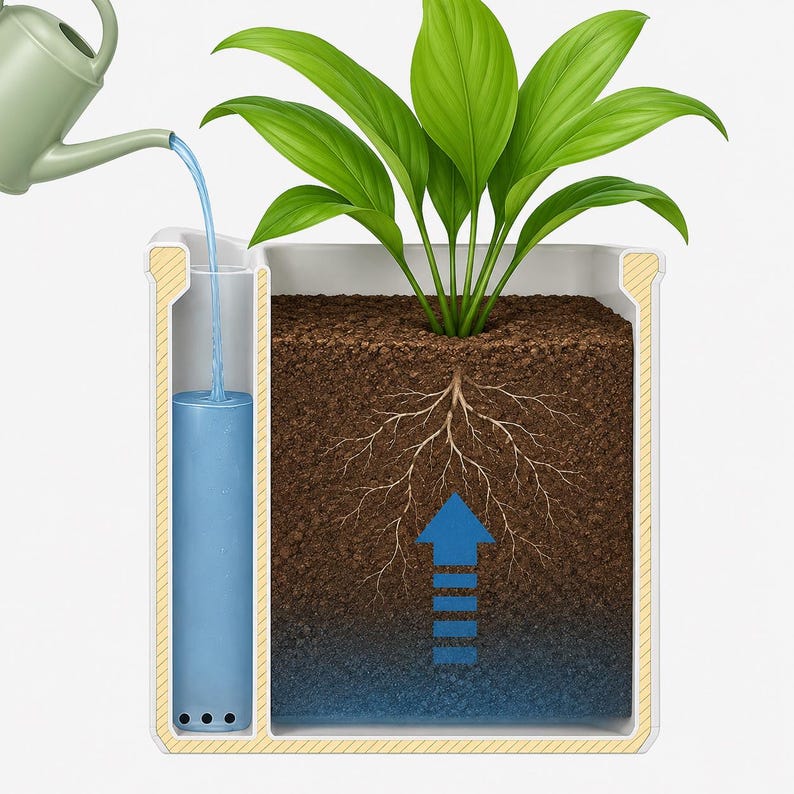 May include: A cross-section of a white self-watering planter containing dark brown soil and a green plant. A light green watering can pours water into a side reservoir. A blue arrow indicates water moving upward from the base into the soil.
