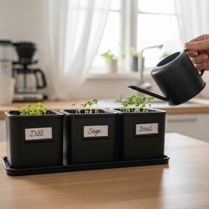 May include: Three square black planters on a matching tray, each containing small green sprouts. The planters have white labels with the handwritten text Dill, Sage, and Basil. A small black watering can is positioned above the Basil planter.