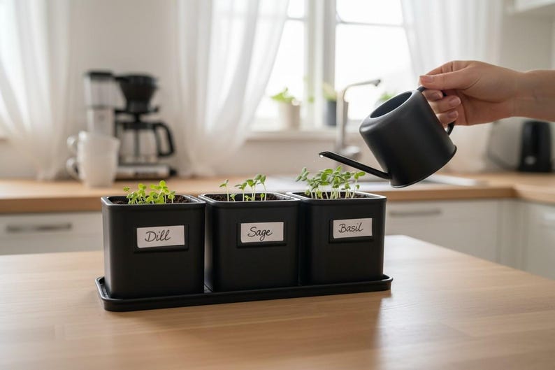 May include: Three square black planters on a matching tray, each containing small green sprouts. The planters have white labels with the handwritten text Dill, Sage, and Basil. A small black watering can is positioned above the Basil planter.