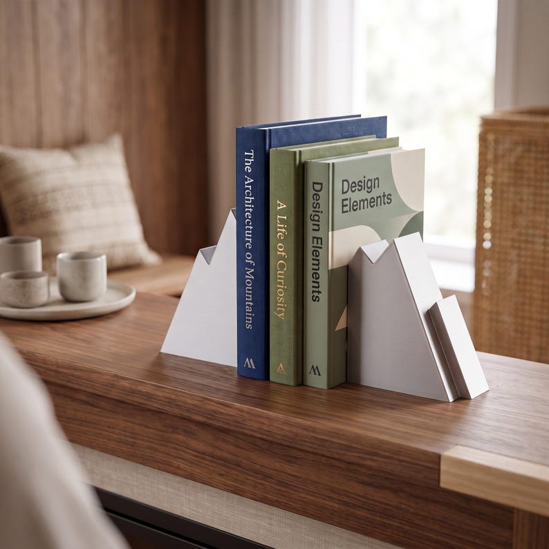 Peut inclure: Deux serre-livres blancs en forme de montagne soutenant trois livres intitul&eacute;s The Architecture of Mountains, A Life of Curiosity et Design Elements. Les serre-livres pr&eacute;sentent une silhouette triangulaire avec un bord sup&eacute;rieur crant&eacute;.