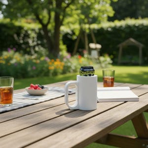 May include: A white cylindrical beverage cooler with a large side handle, designed to hold a standard aluminum can. The cooler is plain white and features a sturdy grip, providing insulation for a drink while sitting on a wooden outdoor table.