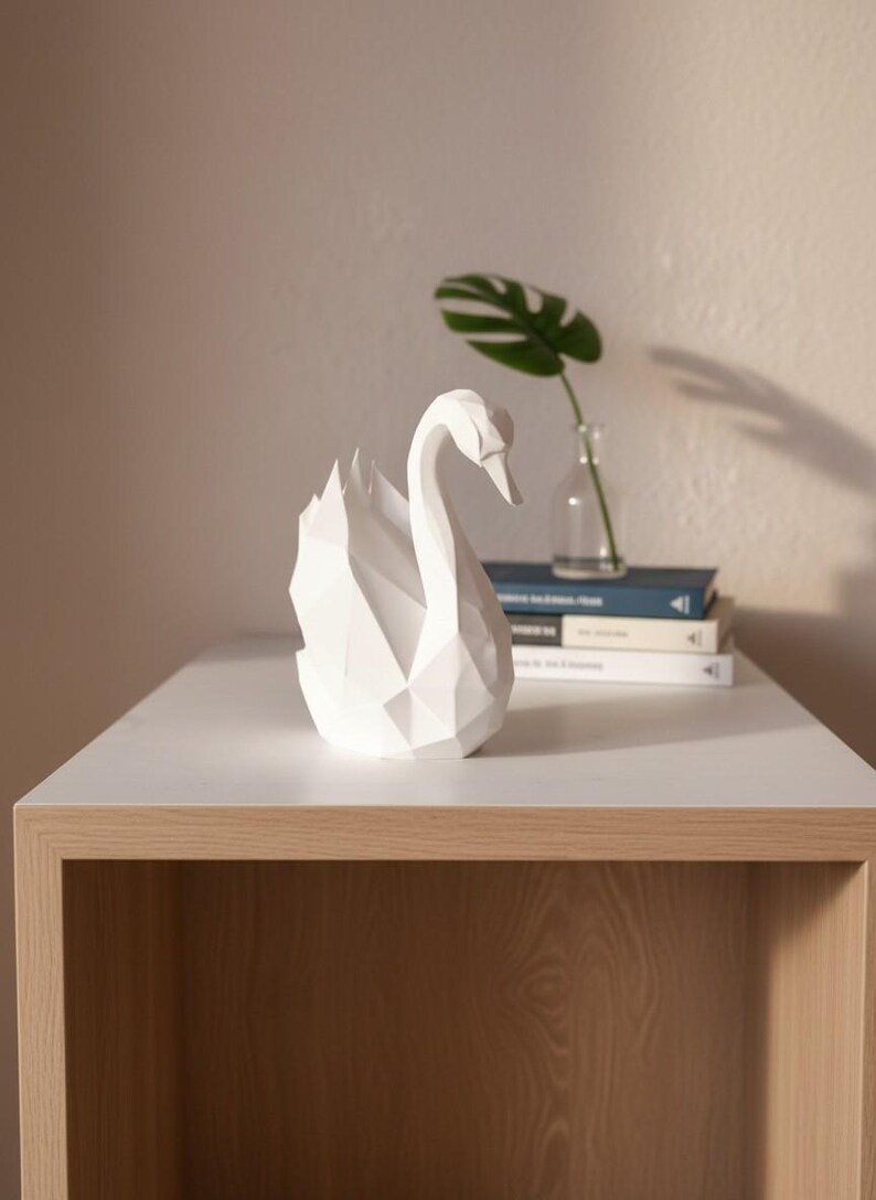 Escultura de cisne de baja poligonalidad, estatua geométrica de pájaro, decoración minimalista blanca. imagen 13