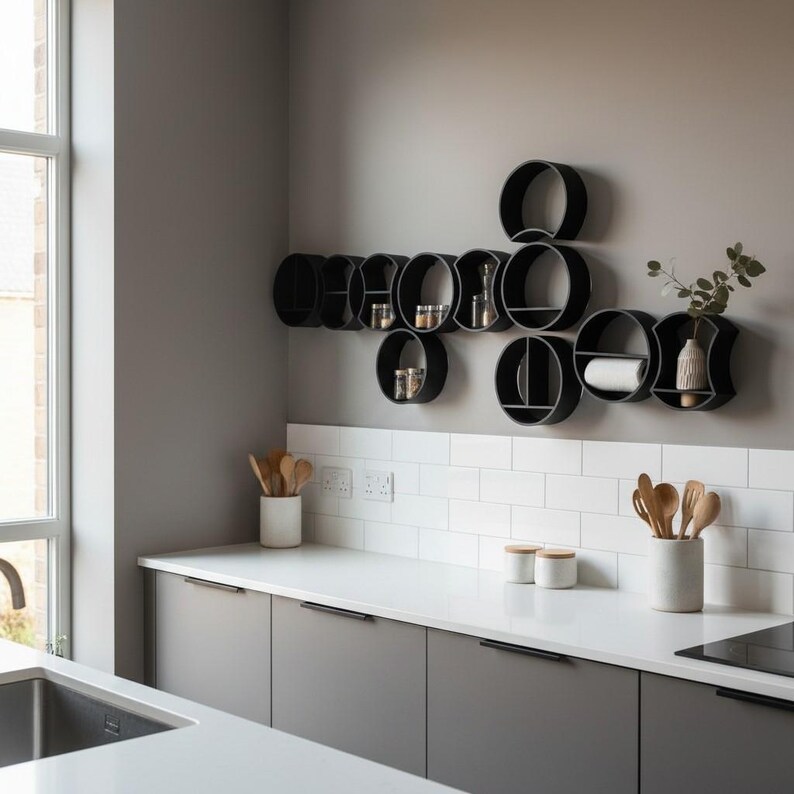 May include: A modular wall-mounted shelving system composed of interconnected black circular frames. The shelves feature various internal dividers and storage compartments, holding small glass jars, a paper towel roll, and a small vase with greenery.