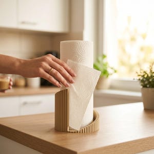 以下が含まれることがあります： 薄茶色のリブ付き半円形スタンドに立てられた円筒形のキッチンペーパーロール。スタンドは垂直方向のテクスチャデザインが特徴で、白いペーパーロールのベースを部分的に包み込み、安定した構造を提供してペーパーを取り出しやすくしています。