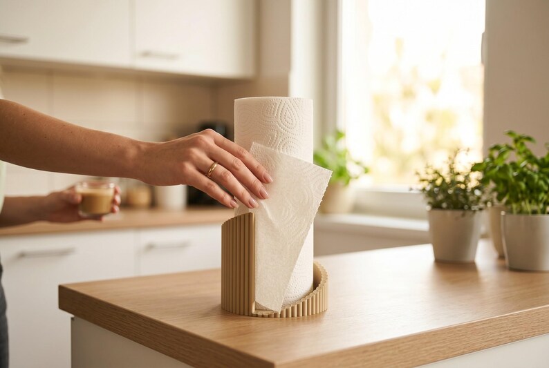 以下が含まれることがあります： 薄茶色のリブ付き半円形スタンドに立てられた円筒形のキッチンペーパーロール。スタンドは垂直方向のテクスチャデザインが特徴で、白いペーパーロールのベースを部分的に包み込み、安定した構造を提供してペーパーを取り出しやすくしています。