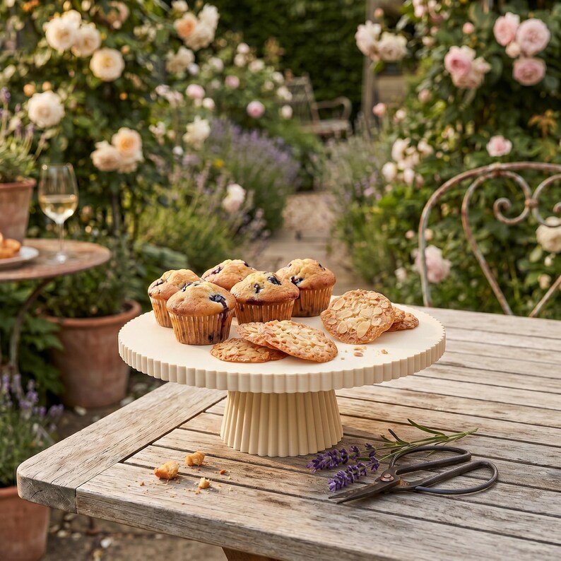 May include: A cream-colored, fluted ceramic cake stand holds several blueberry muffins and thin, almond-topped cookies. The stand features a wide, circular top and a sturdy, ribbed pedestal base, providing a stable display for the baked goods.