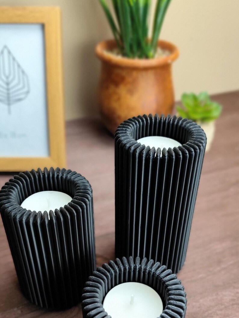 Ribbed LED Candle Holder Set: Flameless Table Decor — close-up detail, 3D printed home decor made in Malta