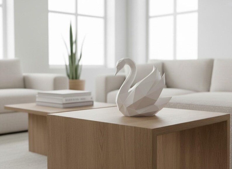 Escultura de cisne de baja poligonalidad, estatua geométrica de pájaro, decoración minimalista blanca. imagen 3