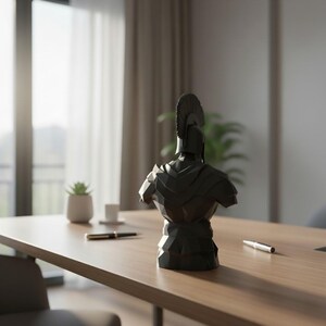 Low Poly Spartan Warrior Bust – Geometric Greek Helmet Statue, Masculine Office Decor image 18