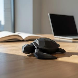 Low Poly Sea Turtle Sculpture, Geometric Ocean Animal Decor, Modern Coastal Shelf Statue image 1