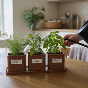 May include: Three square brown planters on a matching tray, each containing a green herb plant. The planters have white labels with the text Dill, Sage, and Basil. A black watering can is positioned to pour water into the basil plant.