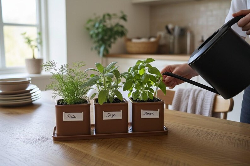 May include: Three square brown planters on a matching tray, each containing a green herb plant. The planters have white labels with the text Dill, Sage, and Basil. A black watering can is positioned to pour water into the basil plant.