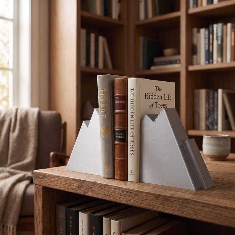 Peut inclure: Une paire de serre-livres gris clair en forme de montagne maintenant trois livres debout. Les livres incluent The Hobbit, Meditations de Marcus Aurelius et The Hidden Life of Trees. Les serre-livres pr&eacute;sentent un design g&eacute;om&eacute;trique &agrave; sommets &eacute;tag&eacute;s.