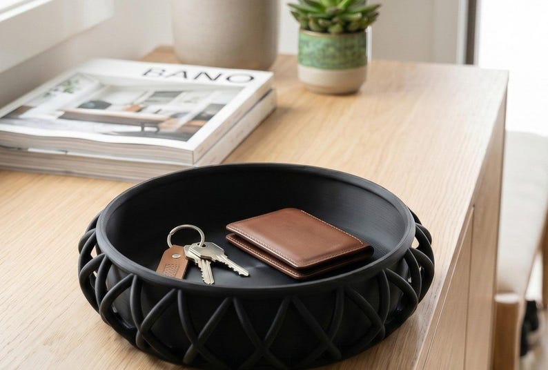 Basket-Style Catchall Tray: Entryway Key and Wallet Organizer — lifestyle view, 3D printed home decor made in Malta
