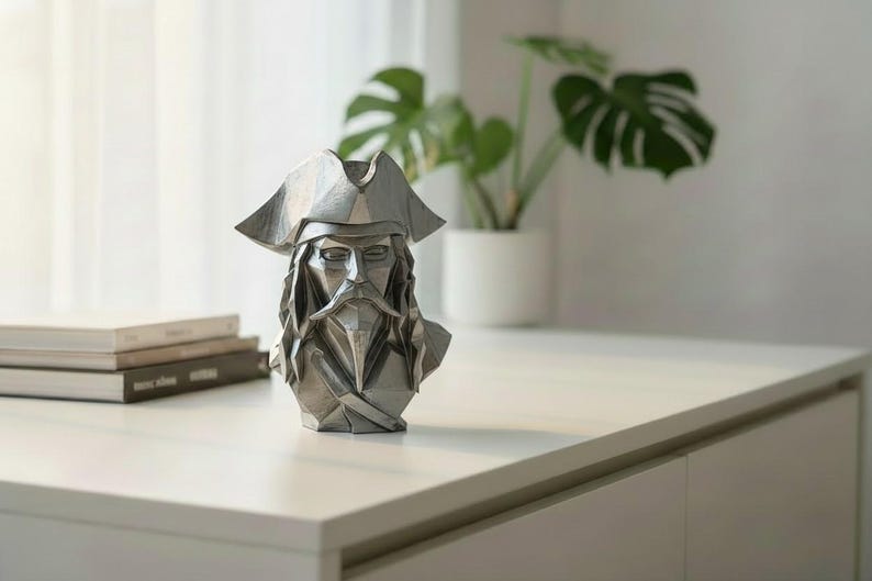 Low Poly Pirate Bust Sculpture, Geometric Caribbean Decor, Nautical Shelf Statue image 20