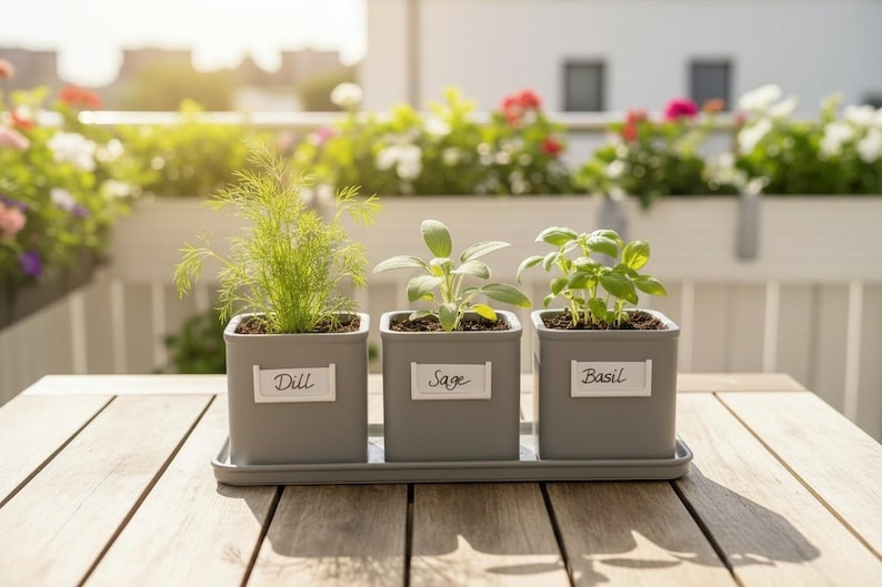 May include: Three square gray planters arranged on a matching rectangular tray. Each planter contains a green herb and features a white label with the handwritten text Dill, Sage, or Basil. The pots are made of a solid gray material.