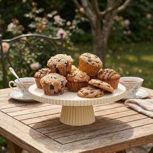 May include: A cream-colored, fluted pedestal cake stand holds an assortment of baked goods, including blueberry muffins, chocolate chip muffins, and chocolate chip cookies, arranged on a wooden table with two floral teacups and saucers nearby.