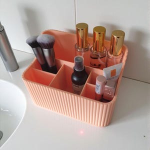 May include: A peach-coloured plastic makeup organiser with vertical ribbed detailing and multiple compartments. It contains two makeup brushes, three glass bottles with gold caps, a black spray bottle, and two small tubes of skincare products.