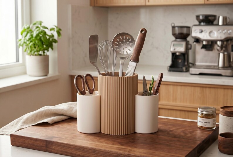 May include: A three-piece kitchen utensil holder set featuring a tall, ribbed, light brown central cylinder flanked by two smaller, smooth, off-white cylindrical containers. The set holds various metal kitchen tools, including a whisk, spatula, and grater.