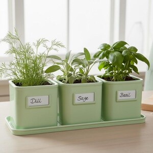 May include: Three light green square ceramic planters arranged on a matching rectangular tray. Each planter features a white label with black text reading Dill, Sage, and Basil. The pots contain green dill, sage, and basil plants respectively.