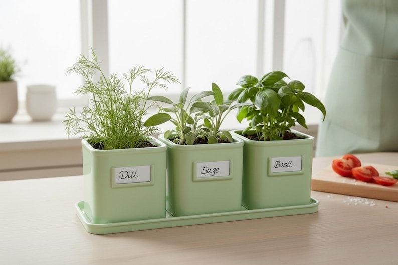 May include: Three light green square ceramic planters arranged on a matching rectangular tray. Each planter features a white label with black text reading Dill, Sage, and Basil. The pots contain green dill, sage, and basil plants respectively.