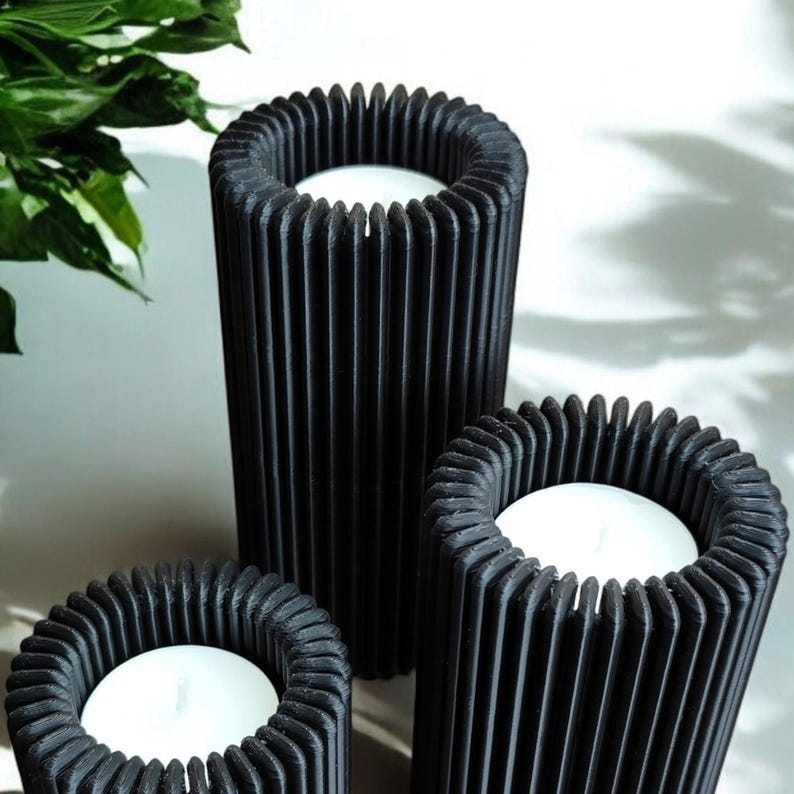 Ribbed LED Candle Holder Set: Flameless Table Decor — view 8, 3D printed home decor made in Malta
