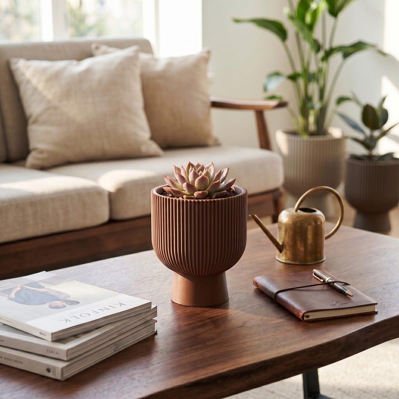 Sereno Ribbed Pedestal Planter, Modern Indoor Plant Pot with Drainage, Minimalist Home Decor image 9