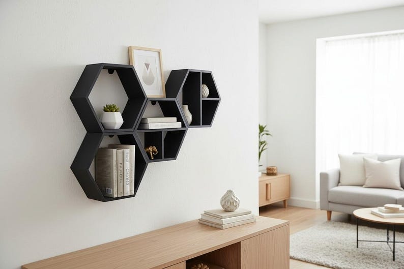 K&ouml;nnte beinhalten: Ein Set aus miteinander verbundenen schwarzen, sechseckigen Wandregalen an einer wei&szlig;en Wand. Die Regale verf&uuml;gen &uuml;ber mehrere F&auml;cher mit B&uuml;chern, einer kleinen Sukkulente, einem Bilderrahmen, einer wei&szlig;en Vase und einer goldenen Tierfigur.