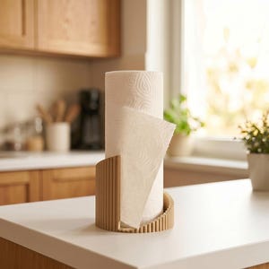 以下が含まれることがあります： 垂直にリブが入った明るい茶色の半円形木製スタンドに立てられた円筒形のキッチンペーパーロール。スタンドは湾曲したスラットデザインで、テクスチャパターンが施された白いキッチンペーパーロールのベース部分を部分的に囲んでいます。