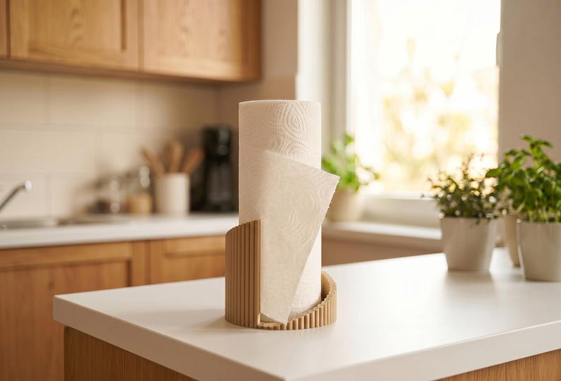 以下が含まれることがあります： 垂直にリブが入った明るい茶色の半円形木製スタンドに立てられた円筒形のキッチンペーパーロール。スタンドは湾曲したスラットデザインで、テクスチャパターンが施された白いキッチンペーパーロールのベース部分を部分的に囲んでいます。