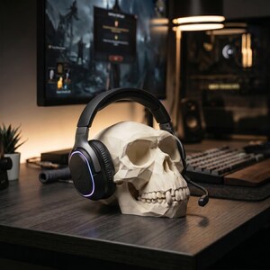 Low Poly Monkey Skull Headphone Stand – Geometric Sculpture, Gamer Desk Decor, PLA+ Plastic image 3