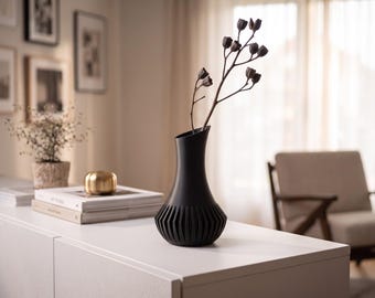 3D Printed Black Minimalist Vase, Modern Sculptural Home Décor (21.7cm)